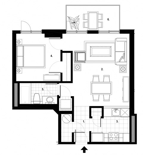One bedroom, one bathroom apartment layout at Excelsior Apartments in Montreal, QC