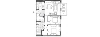 Two bedroom, one bathroom apartment layout at Excelsior Apartments in Montreal, QC