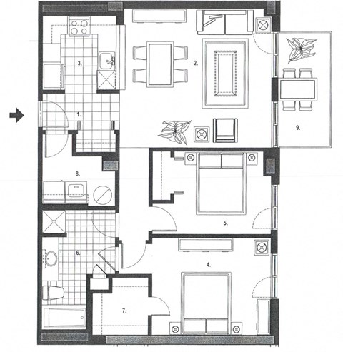 Two bedroom, one bathroom apartment layout at Excelsior Apartments in Montreal, QC