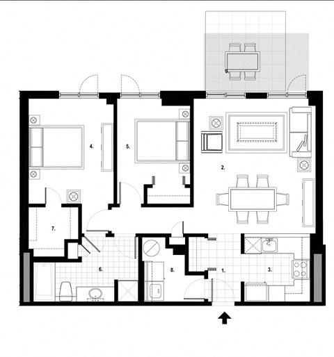 Two bedroom, one bathroom apartment layout at Excelsior Apartments in Montreal, QC