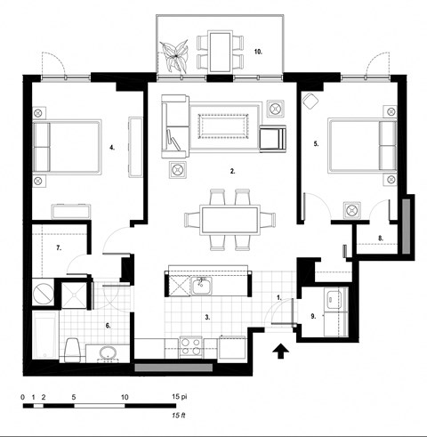 Two bedroom, one bathroom apartment layout at Excelsior Apartments in Montreal, QC