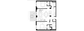 Two bedroom, one bathroom apartment layout at Excelsior Apartments in Montreal, QC