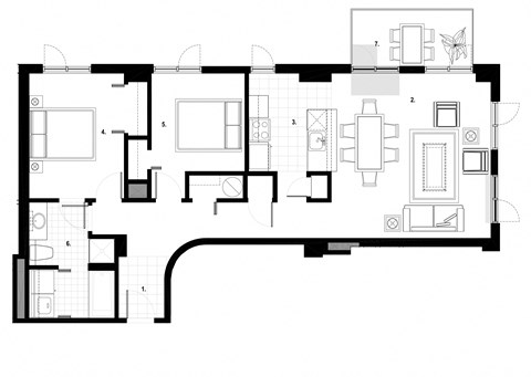 Two bedroom, one bathroom apartment layout at Excelsior Apartments in Montreal, QC