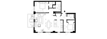 Two bedroom, one bathroom apartment layout at Excelsior Apartments in Montreal, QC