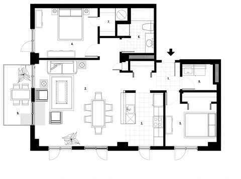 Two bedroom, one bathroom apartment layout at Excelsior Apartments in Montreal, QC