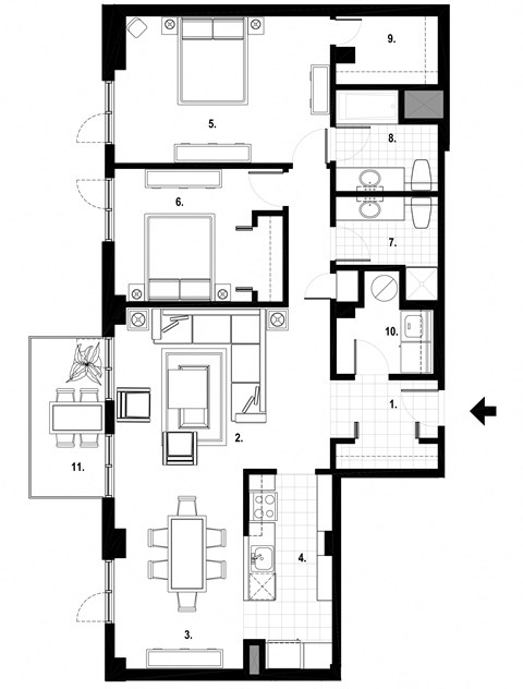 Two bedroom, two bathroom apartment layout at Excelsior Apartments in Montreal, QC