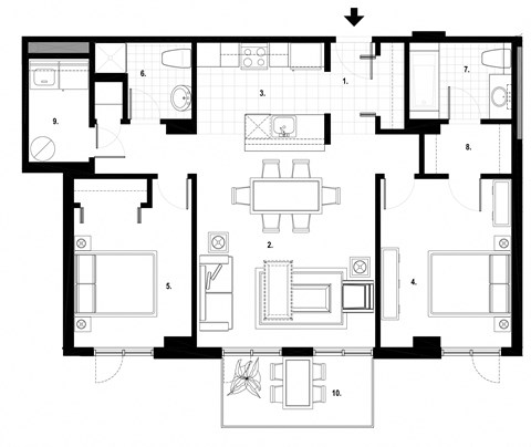 Two bedroom, two bathroom apartment layout at Excelsior Apartments in Montreal, QC