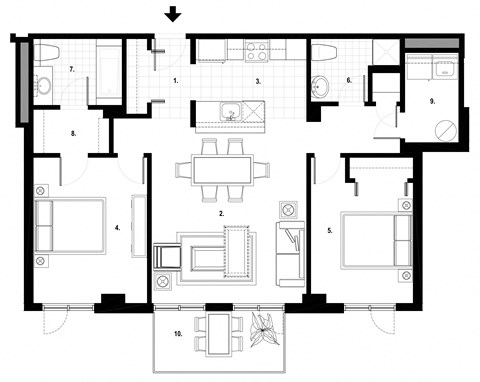 Two bedroom, two bathroom apartment layout at Excelsior Apartments in Montreal, QC