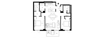 Two bedroom, two bathroom apartment layout at Excelsior Apartments in Montreal, QC