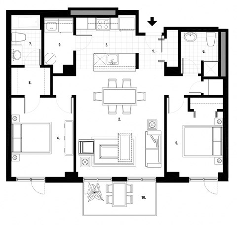 Two bedroom, two bathroom apartment layout at Excelsior Apartments in Montreal, QC