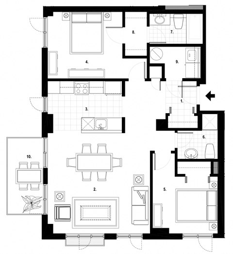 Two bedroom, two bathroom apartment layout at Excelsior Apartments in Montreal, QC