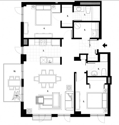 Two bedroom, two bathroom apartment layout at Excelsior Apartments in Montreal, QC