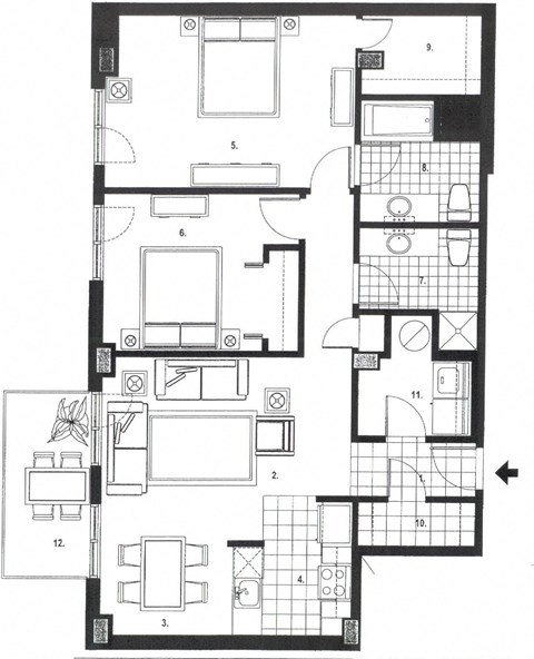 Two bedroom, two bathroom apartment layout at Excelsior Apartments in Montreal, QC