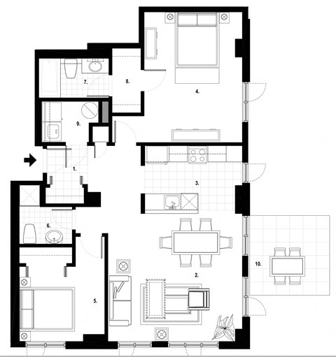Two bedroom, two bathroom apartment layout at Excelsior Apartments in Montreal, QC