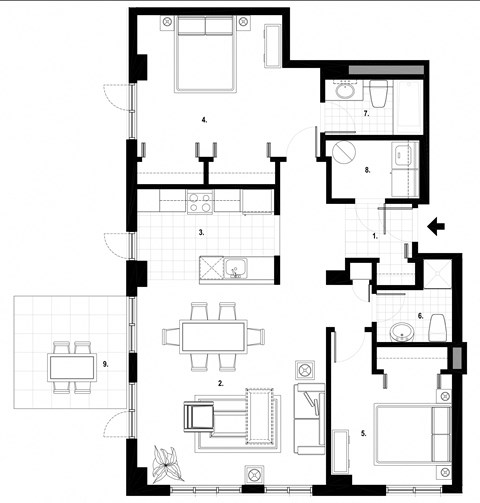 Two bedroom, two bathroom apartment layout at Excelsior Apartments in Montreal, QC