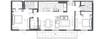 Two bedroom, two bathroom apartment layout at Excelsior Apartments in Montreal, QC