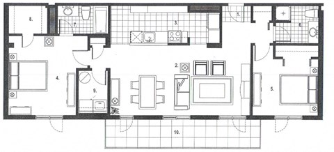 Two bedroom, two bathroom apartment layout at Excelsior Apartments in Montreal, QC