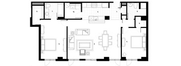 Two bedroom, two bathroom apartment layout at Excelsior Apartments in Montreal, QC