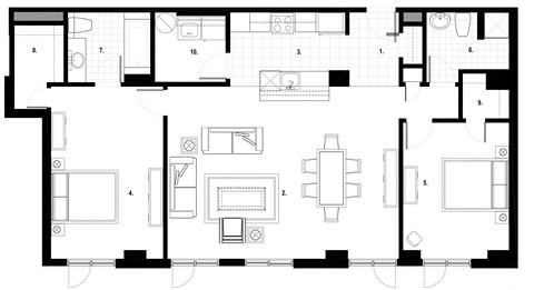 Two bedroom, two bathroom apartment layout at Excelsior Apartments in Montreal, QC