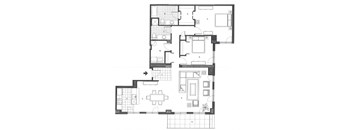Two bedroom, two bathroom apartment layout at Excelsior Apartments in Montreal, QC