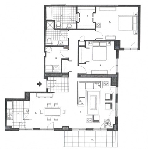 Two bedroom, two bathroom apartment layout at Excelsior Apartments in Montreal, QC