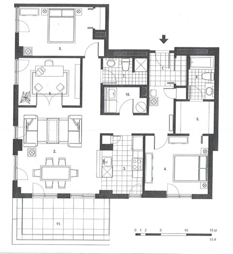 Two bedroom, two bathroom apartment layout at Excelsior Apartments in Montreal, QC