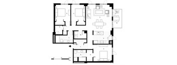 Three bedroom, two bathroom apartment layout at Excelsior Apartments in Montreal, QC