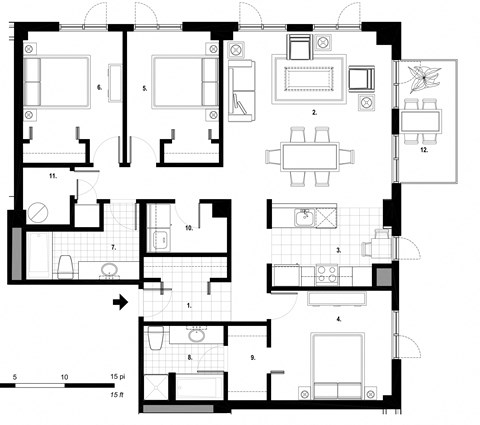 Three bedroom, two bathroom apartment layout at Excelsior Apartments in Montreal, QC