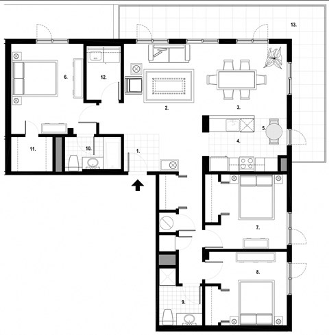 Three bedroom, two bathroom apartment layout at Excelsior Apartments in Montreal, QC