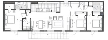Three bedroom, two bathroom apartment layout at Excelsior Apartments in Montreal, QC