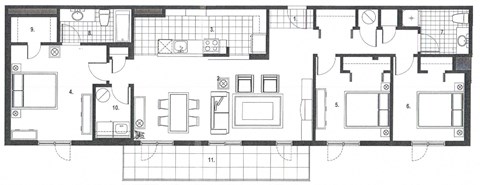 Three bedroom, two bathroom apartment layout at Excelsior Apartments in Montreal, QC