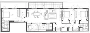 Three bedroom, two bathroom apartment layout at Excelsior Apartments in Montreal, QC
