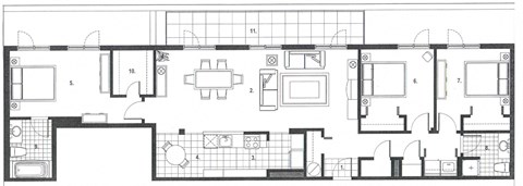 Three bedroom, two bathroom apartment layout at Excelsior Apartments in Montreal, QC
