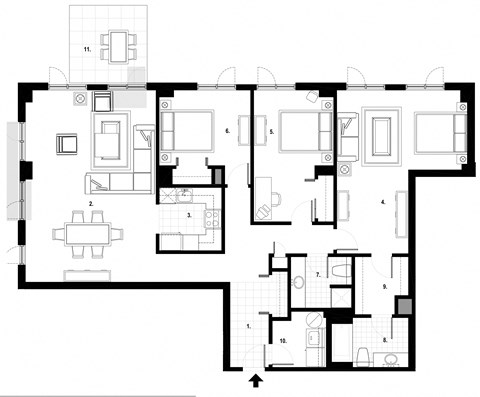 Three bedroom, two bathroom apartment layout at Excelsior Apartments in Montreal, QC