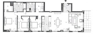 Three bedroom, two bathroom apartment layout at Excelsior Apartments in Montreal, QC