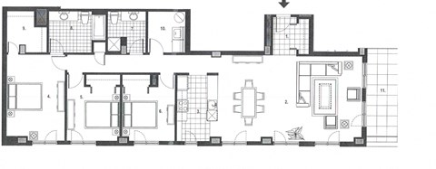 Three bedroom, two bathroom apartment layout at Excelsior Apartments in Montreal, QC