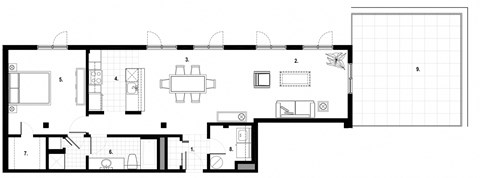 One bedroom, one bathroom apartment layout at Excelsior Apartments in Montreal, QC