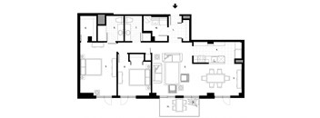 Two bedroom, two bathroom apartment layout at Excelsior Apartments in Montreal, QC