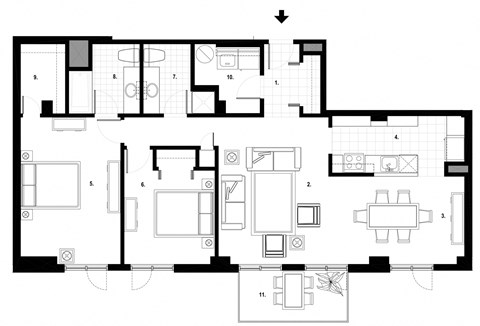 Two bedroom, two bathroom apartment layout at Excelsior Apartments in Montreal, QC