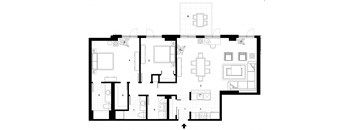 Two bedroom, two bathroom apartment layout at Excelsior Apartments in Montreal, QC