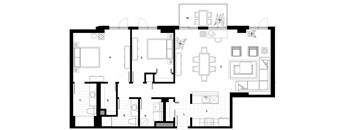 Two bedroom, two bathroom apartment layout at Excelsior Apartments in Montreal, QC