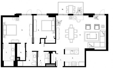 Two bedroom, two bathroom apartment layout at Excelsior Apartments in Montreal, QC