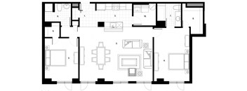 Two bedroom, two bathroom apartment layout at Excelsior Apartments in Montreal, QC