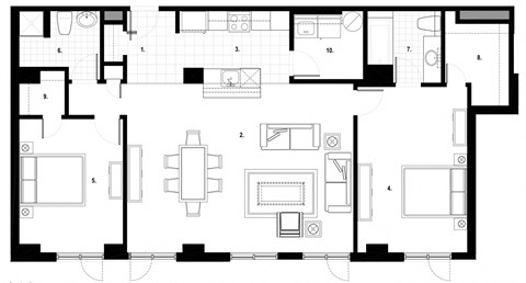 Two bedroom, two bathroom apartment layout at Excelsior Apartments in Montreal, QC