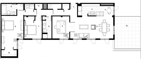 Two bedroom, two bathroom apartment layout at Excelsior Apartments in Montreal, QC