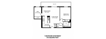 Floor plan of 1 bed plus den, 1 bath, generous luxury suite with balcony at Valleyview in Newmarket, ON