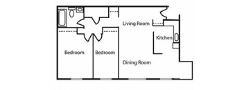 Floor plan of 2 bed, 1 bath contemporary suite at Valleyview in Newmarket, ON