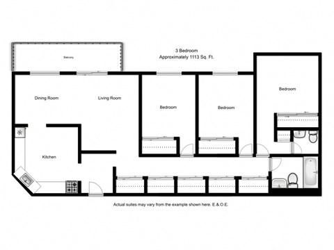 Three bedroom, one bathroom apartment layout at Laura Secord Apartments in Niagara Falls, ON