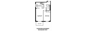 One bedroom, one bathroom apartment layout at Dorchester Apartments in Niagara Falls, ON