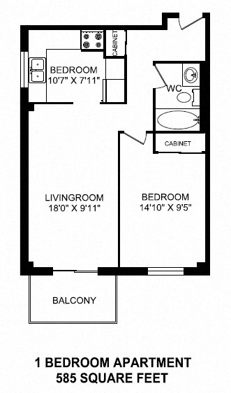 One bedroom, one bathroom apartment layout at Dorchester Apartments in Niagara Falls, ON